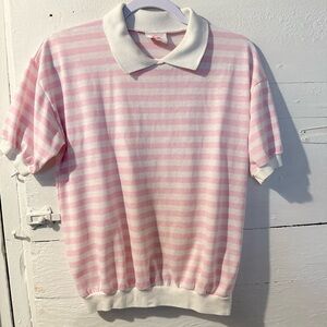 Chic Pink and White Striped Polo Blouse